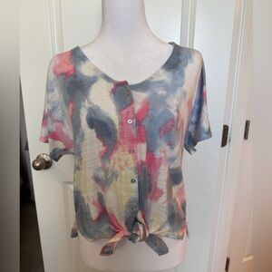 Zac & Rachel Watercolor Button-Down Tie Front Short Sleeve Women Top Size PM
